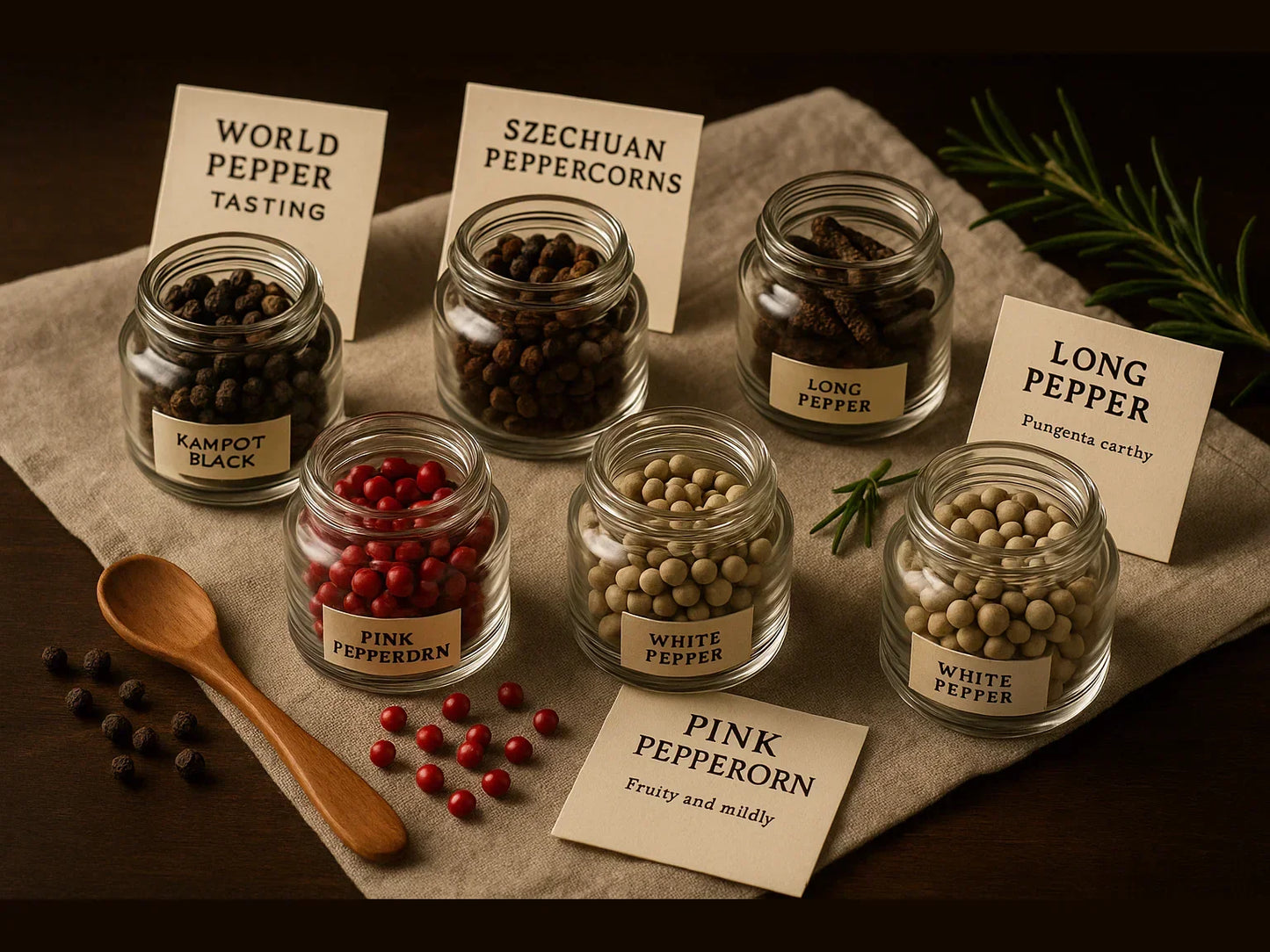 World pepper tasting bundle with Kampot black, pink, white, Szechuan and long peppercorns in glass jars
