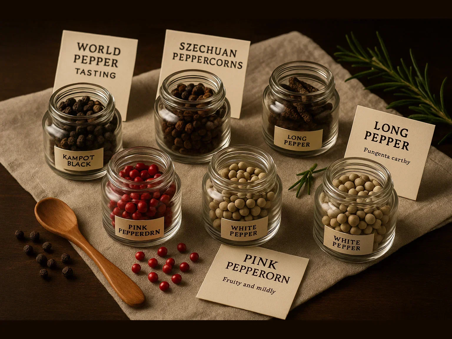 World pepper tasting bundle with Kampot black, pink, white, Szechuan and long peppercorns in glass jars