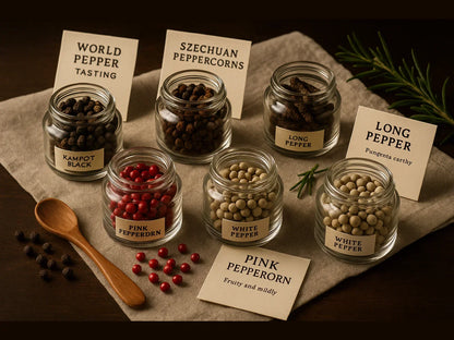 World pepper tasting bundle with Kampot black, pink, white, Szechuan and long peppercorns in glass jars
