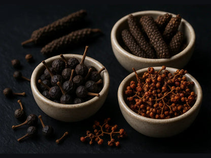 Assorted whole gourmet spices in ceramic bowls on dark background, including peppercorns and long pepper.