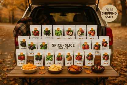 24-pack dried fruit bundle with assorted fruit snack bags on table, autumn game day scene, free shipping sign.