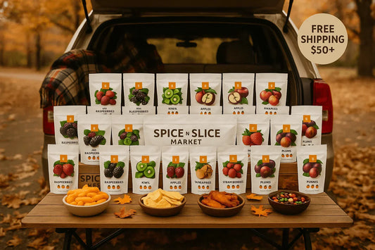 24-pack dried fruit bundle with assorted fruit snack bags on table, autumn game day scene, free shipping sign.