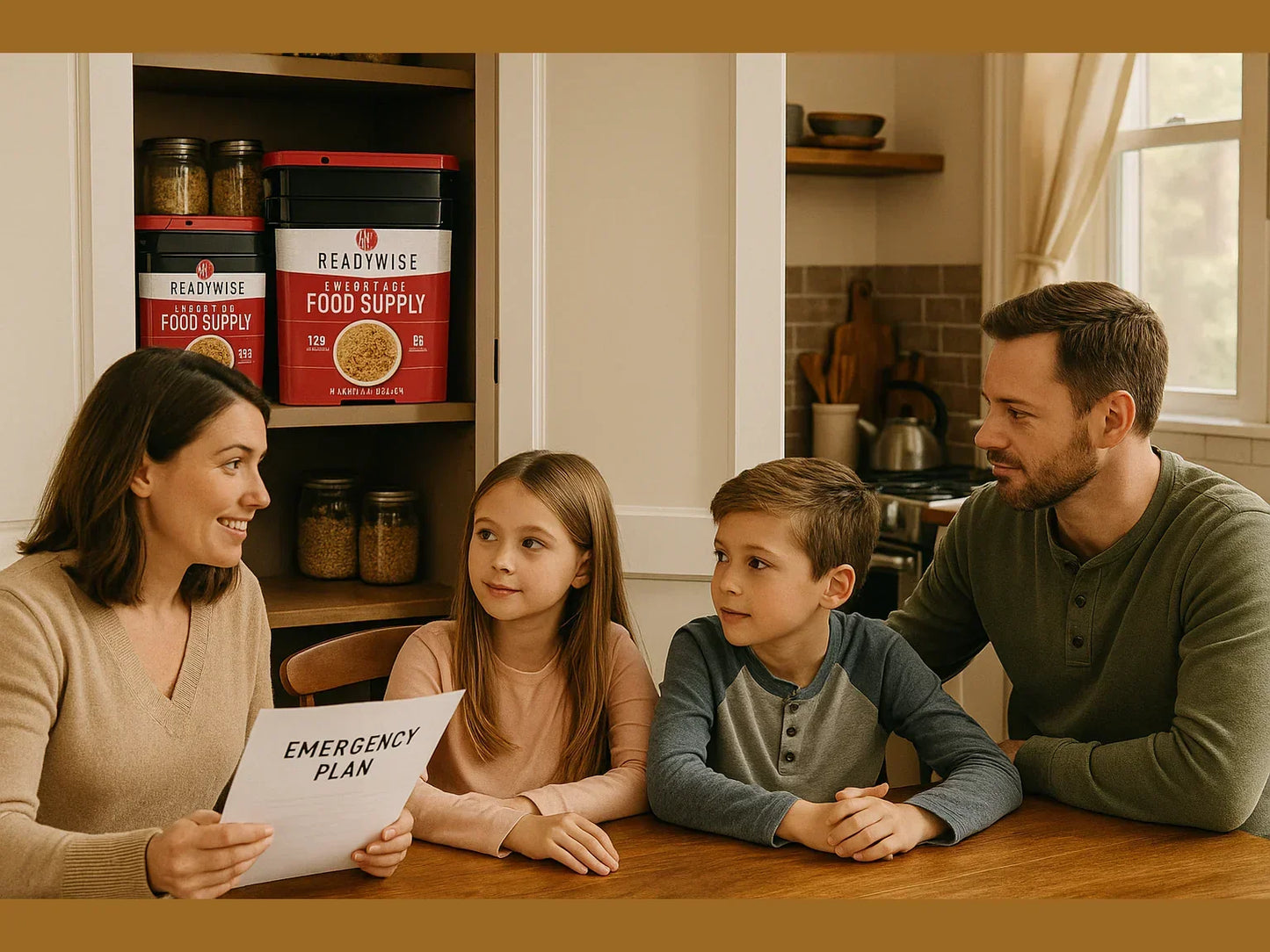 Family discussing emergency plan in kitchen with food supply containers in pantry