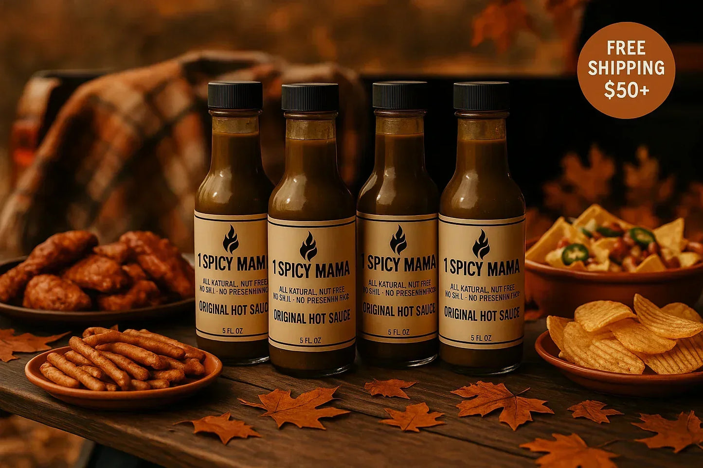 Four bottles of artisan hot sauce on a table with snacks, leaves, and autumn decor.