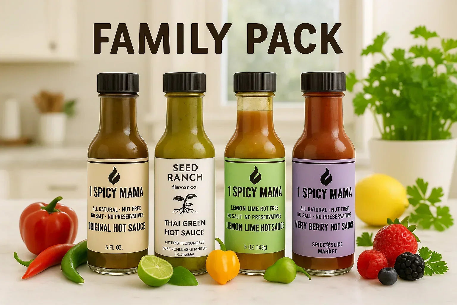 Family pack of four artisan hot sauces with peppers, lime, berries, and herbs on kitchen counter