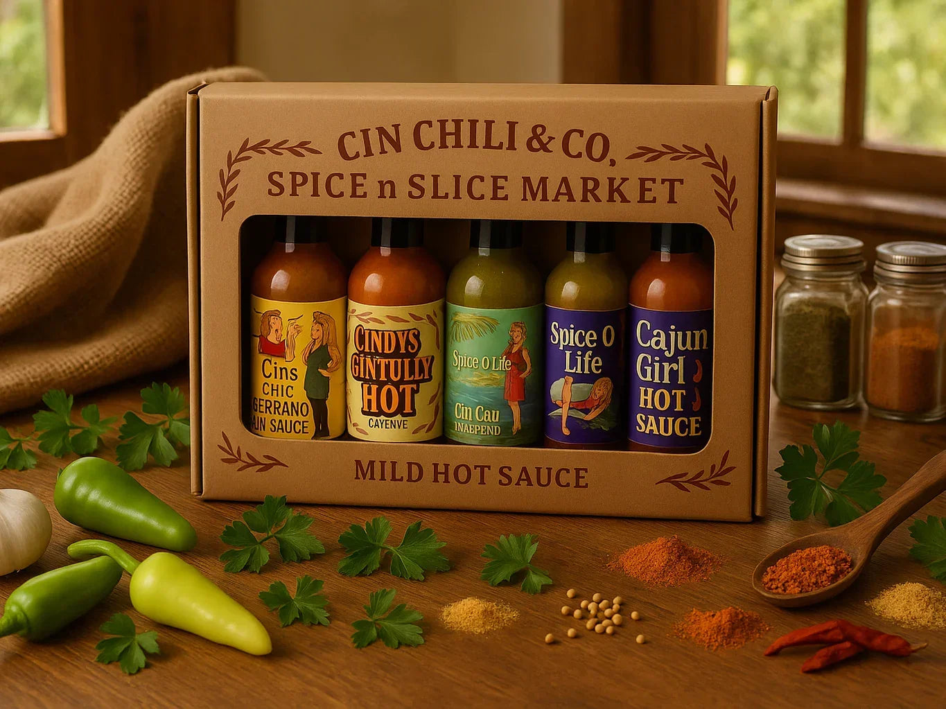 Artisanal hot sauce gift set with various flavors, surrounded by fresh peppers and spices.