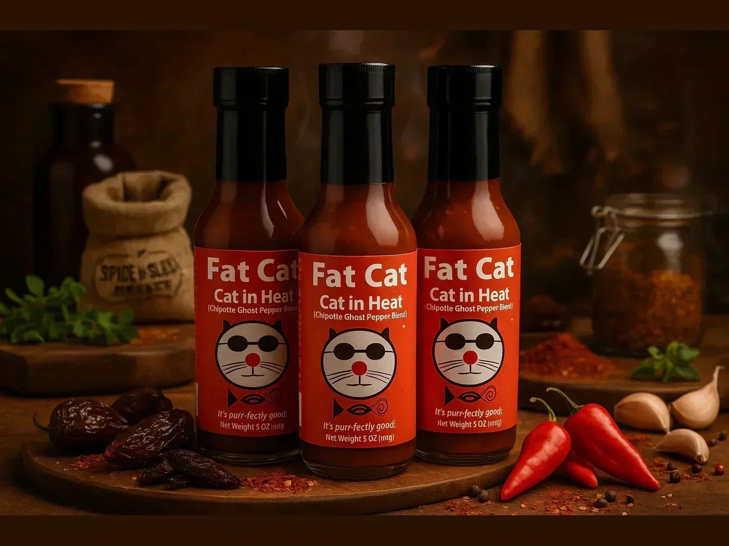 Three bottles of Fat Cat Cat in Heat chipotle ghost pepper hot sauce with fresh peppers in a rustic market setting