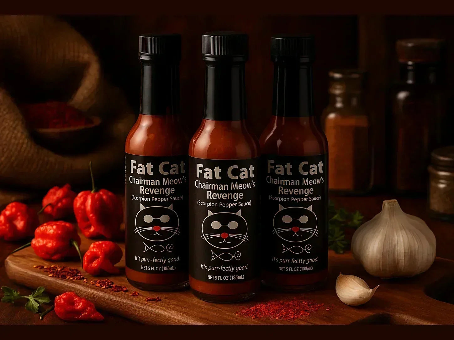 Three Fat Cat Chairman Meow's Revenge hot sauce bottles with peppers and garlic in market setting