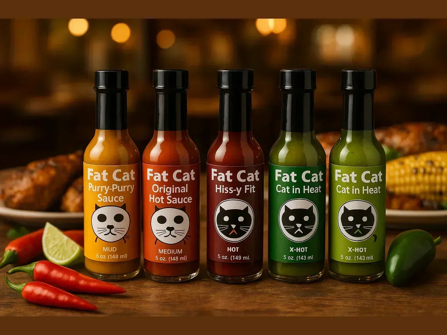 Assorted Fat Cat hot sauce bottles on wooden table with fresh chili peppers and limes