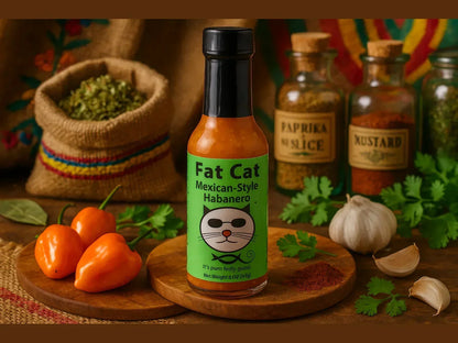 Mexican-style habanero hot sauce bottle with habanero peppers, garlic, and spices in rustic market setting