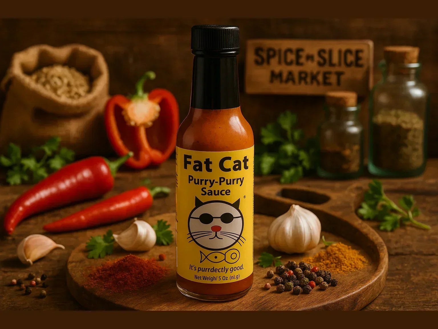 Bottle of Fat Cat Purry-Purry Sauce on a wooden board with peppers, garlic, spices, and herbs