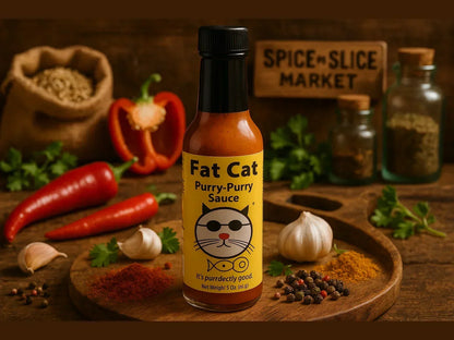 Bottle of Fat Cat Purry-Purry Sauce on a wooden board with peppers, garlic, spices, and herbs