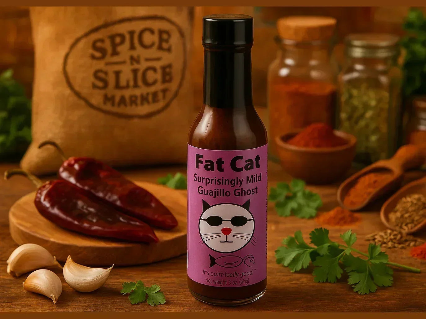 Fat Cat Guajillo Ghost hot sauce bottle with dried chilies, garlic, and spices in market setting