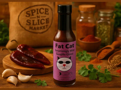 Fat Cat Guajillo Ghost hot sauce bottle with dried chilies, garlic, and spices in market setting