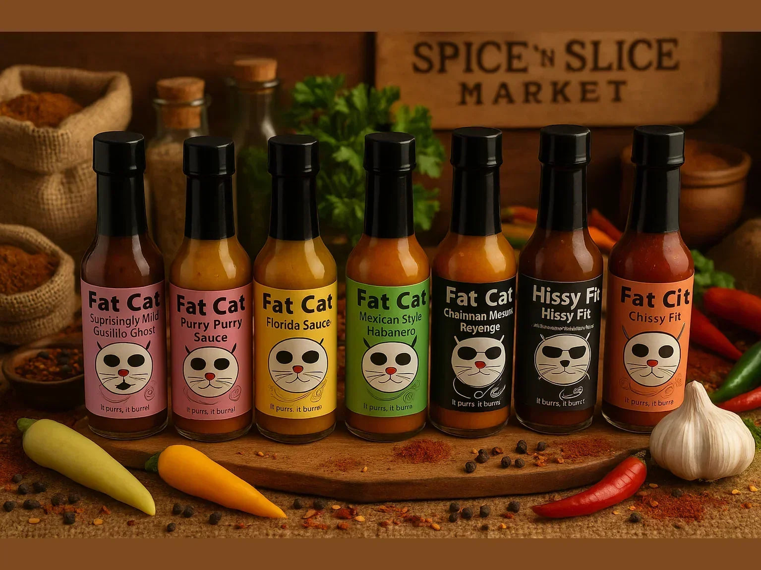 Fat Cat hot sauce variety pack bottles in a rustic market with colorful peppers and spices