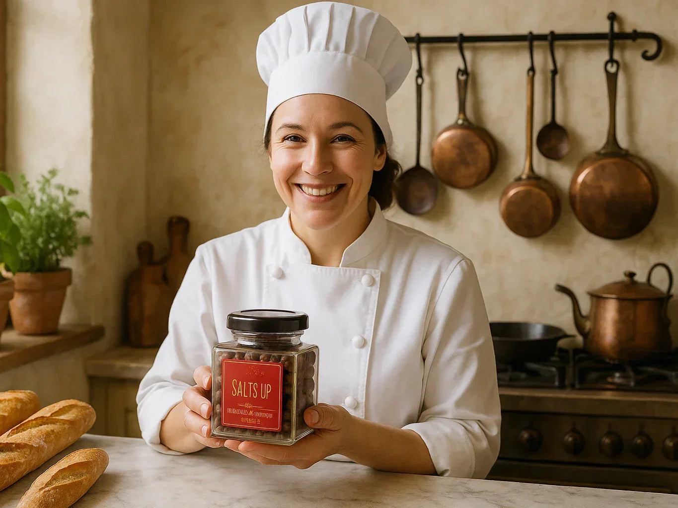 Smiling female chef holding a jar of gourmet spices in a rustic French kitchen