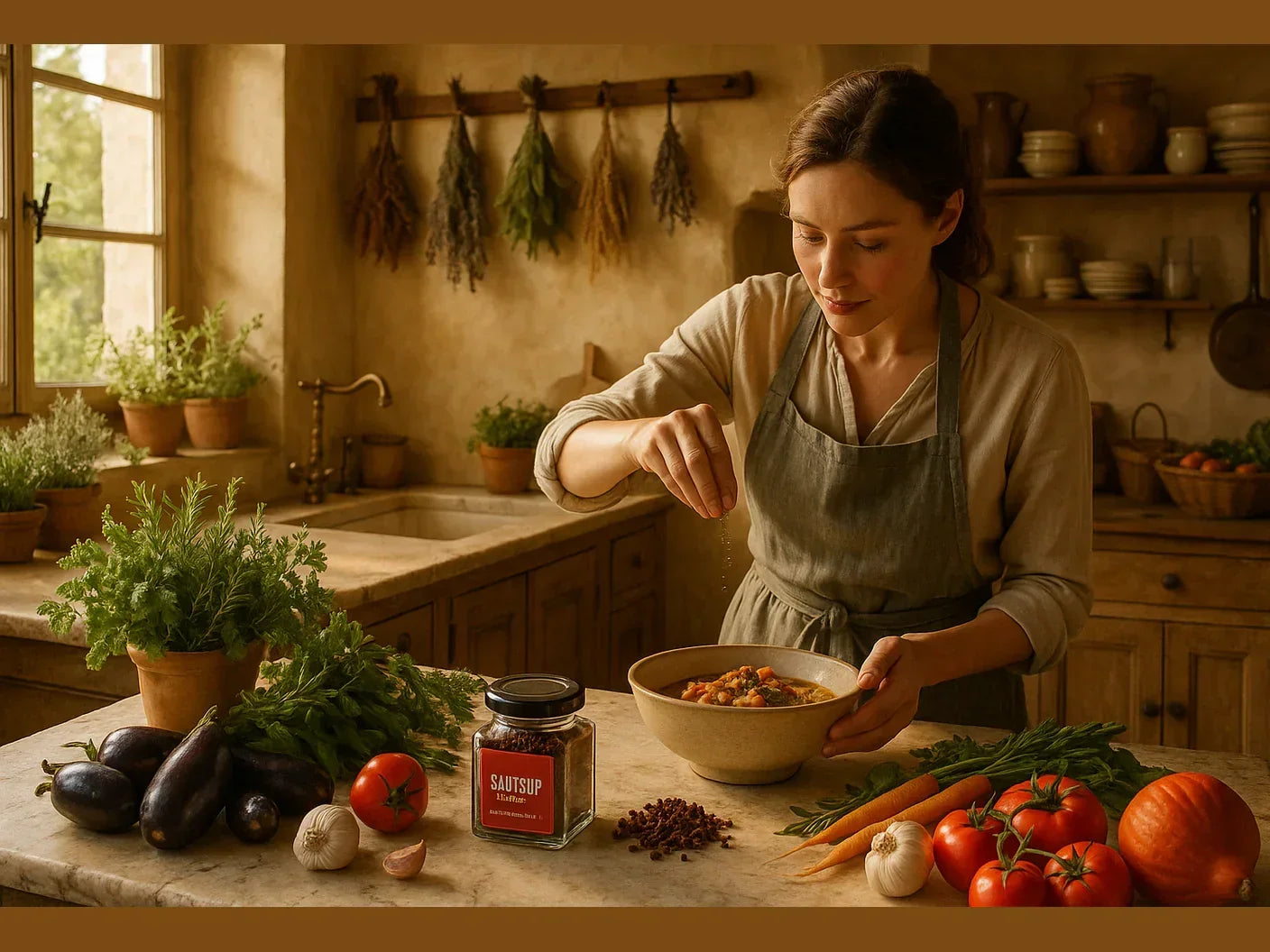Female chef seasoning dish with andaliman pepper, surrounded by fresh vegetables in rustic kitchen