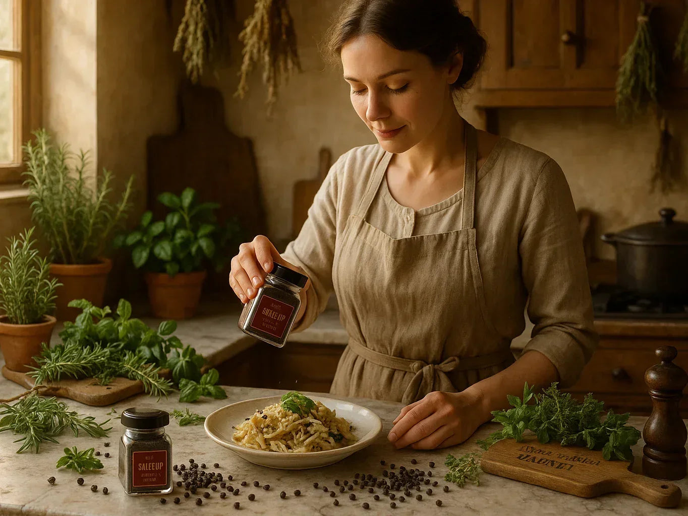 Female chef sprinkles Kampot pepper on pasta in rustic kitchen with fresh herbs.