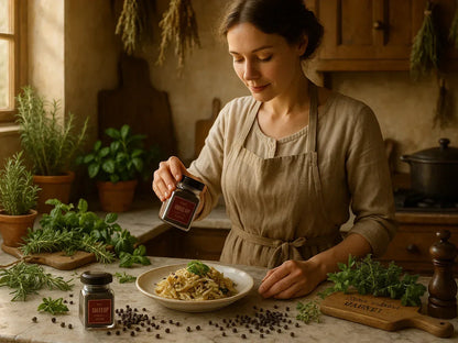 Female chef sprinkles Kampot pepper on pasta in rustic kitchen with fresh herbs.