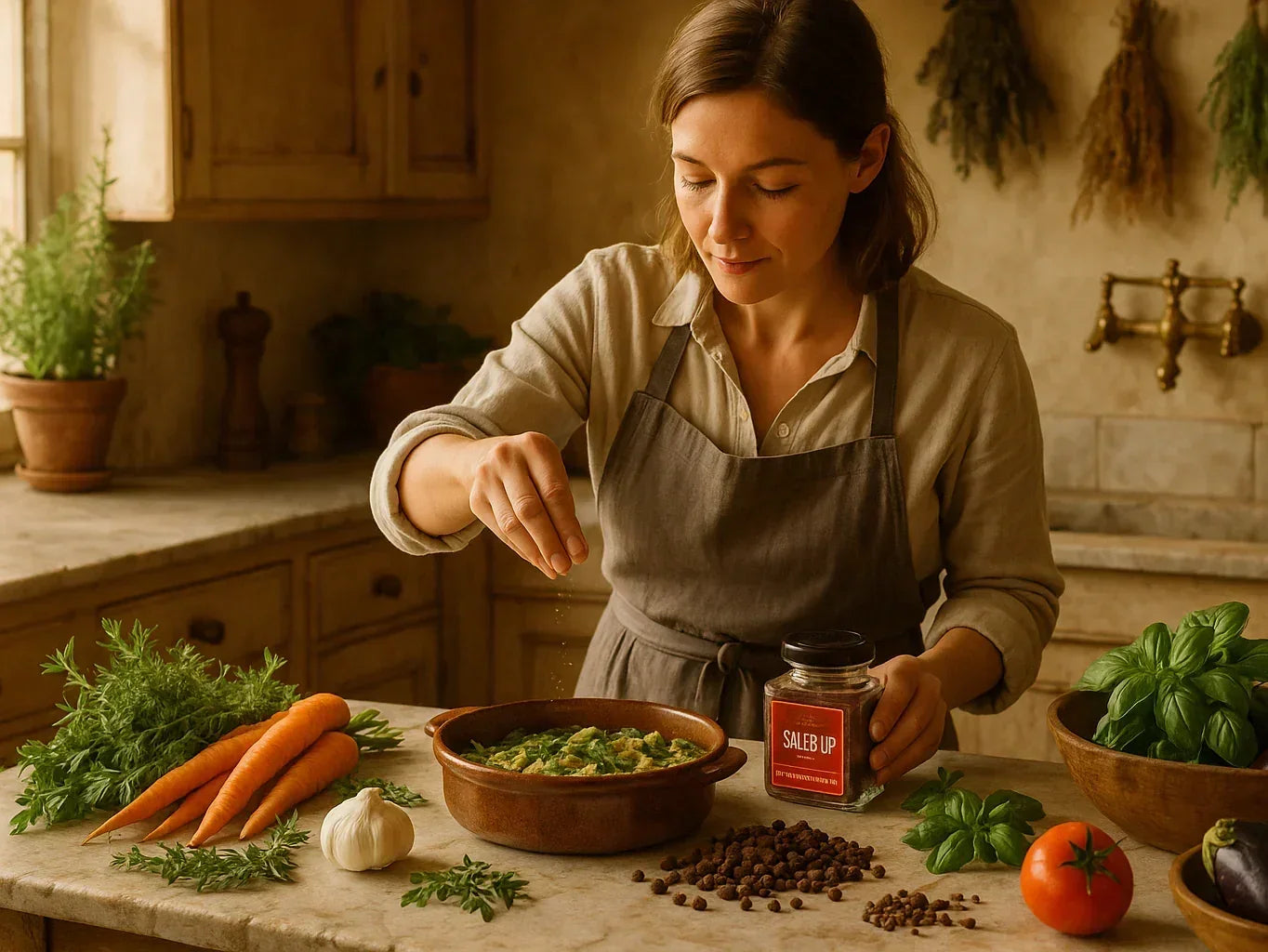 Female chef seasoning food with spices, fresh vegetables and herbs on rustic kitchen counter.