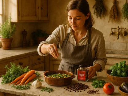 Female chef seasoning food with spices, fresh vegetables and herbs on rustic kitchen counter.