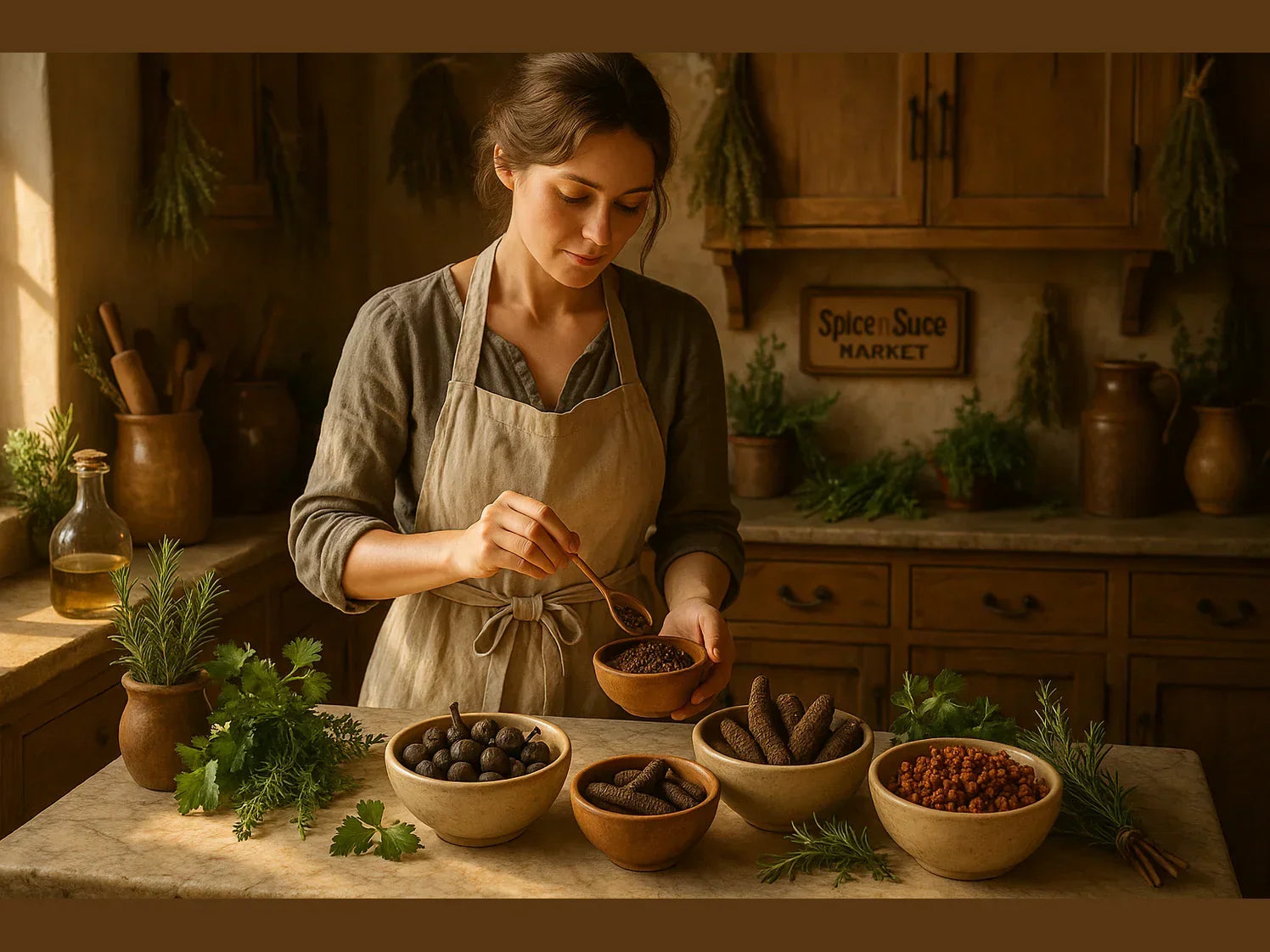 Female chef preparing assorted spices and herbs in rustic kitchen