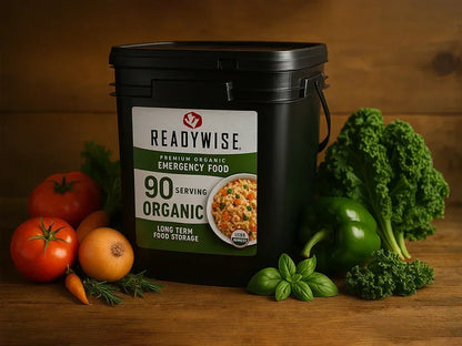 ReadyWise black container of organic emergency food with fresh tomatoes, onion, carrots, green bell pepper, kale, and basil on wooden surface