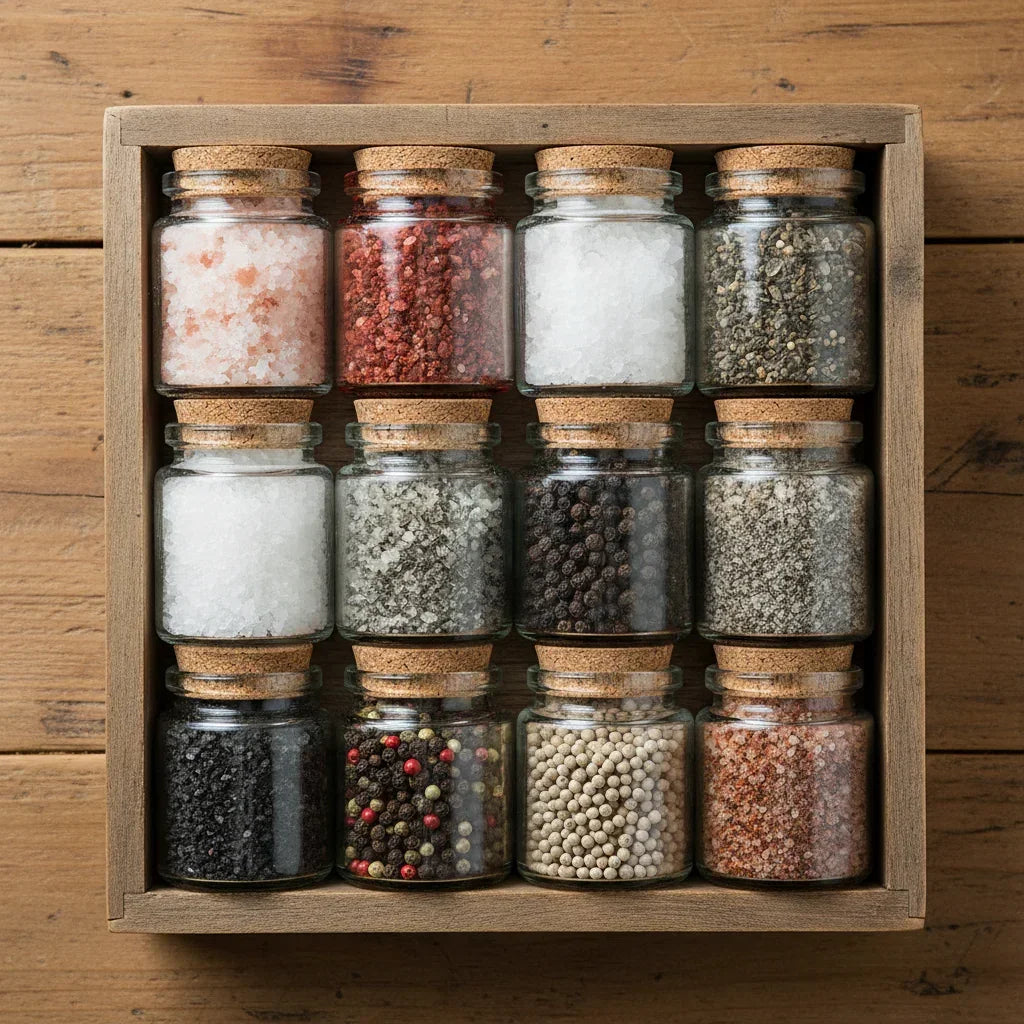Assorted peppercorns and gourmet salts in glass jars on rustic wooden background