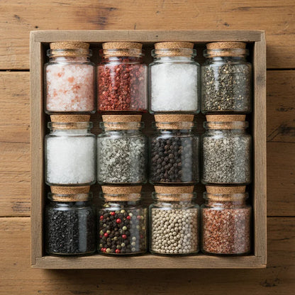 Assorted peppercorns and gourmet salts in glass jars on rustic wooden background