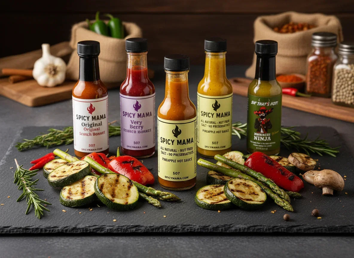 Five Spicy Mama hot sauce bottles with grilled vegetables, Spice n Slice Market gourmet food