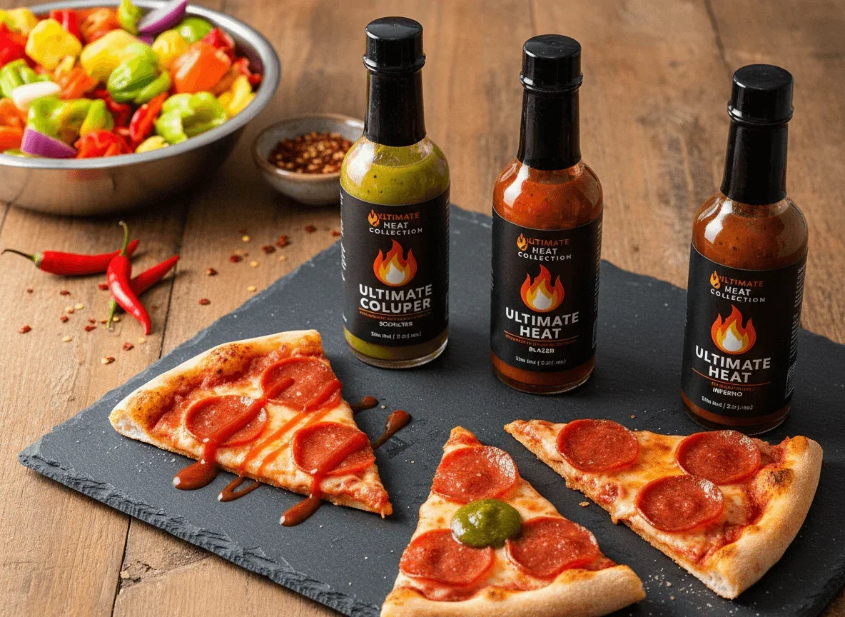 Pepperoni pizza slices with artisan hot sauces, chili peppers, and mixed vegetables on table