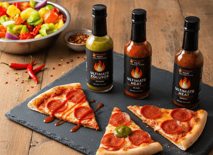 Pepperoni pizza slices with artisan hot sauces, chili peppers, and mixed vegetables on table