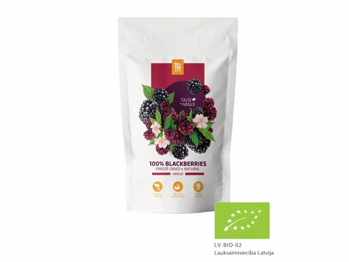 Freeze-dried blackberries in resealable pouch with organic label, healthy snack option