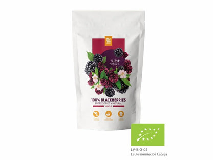 Freeze-dried blackberries in resealable pouch with organic label, healthy snack option