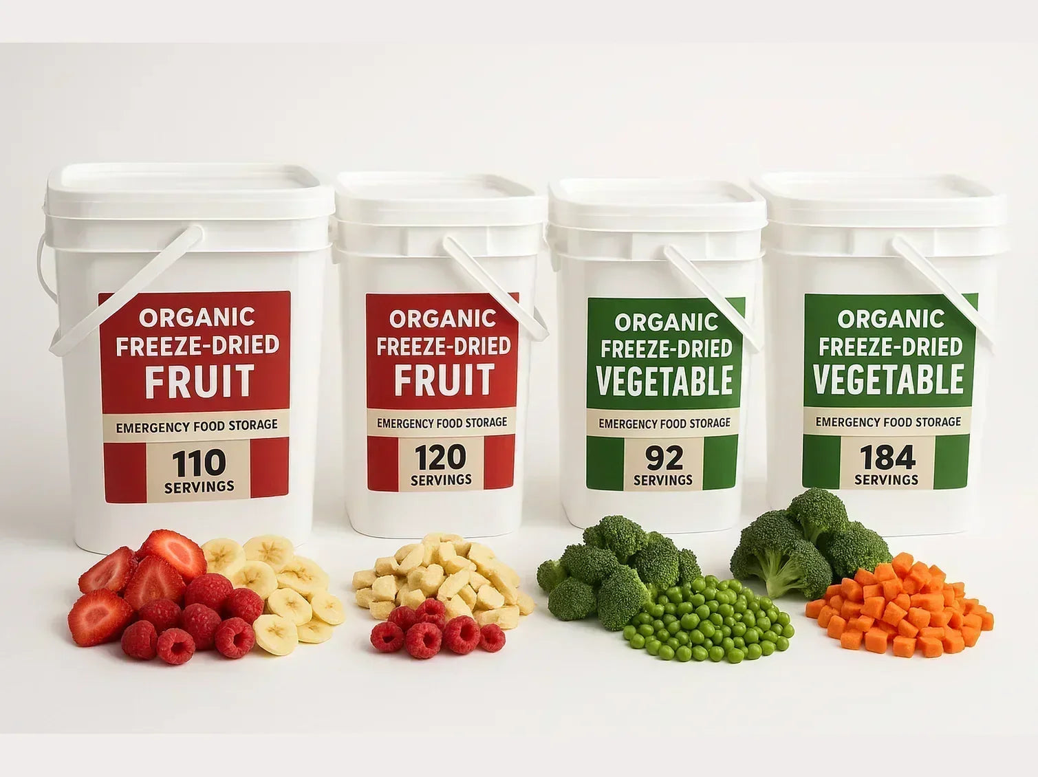 Organic freeze-dried fruit and vegetable emergency food storage buckets with fresh produce