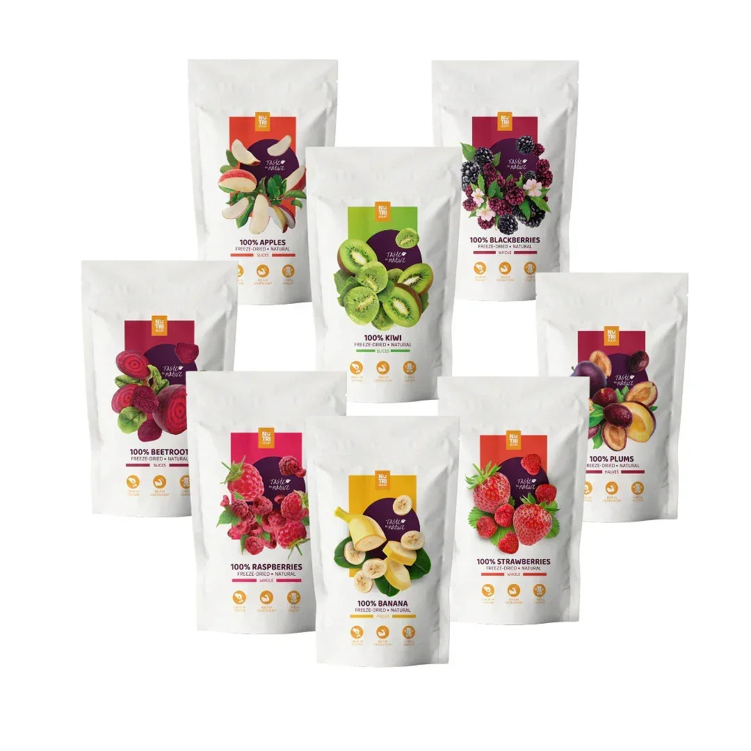 Assorted Spice n Slice Market freeze-dried fruits and veggies pouches set, including strawberries, banana, kiwi, apples, raspberries, blackberries, beetroot, and plums, on white background.