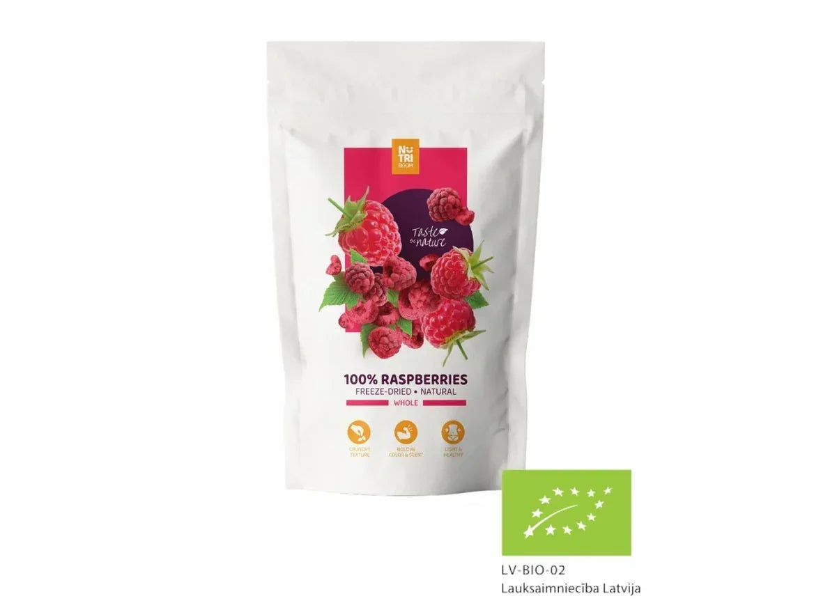 Freeze-dried raspberries in white resealable pouch, organic healthy snack, EU certified
