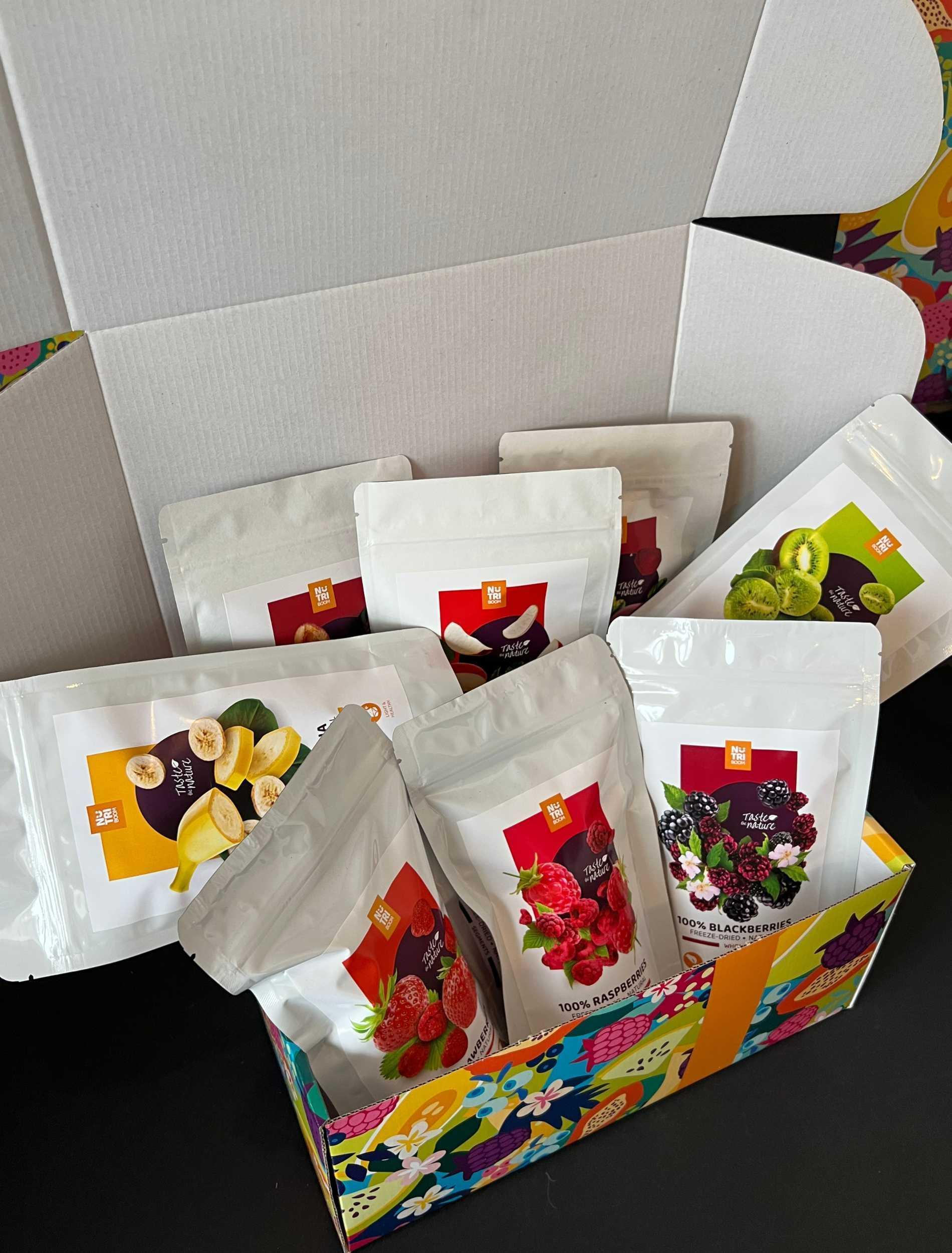 Colorful box of freeze-dried fruit snacks with strawberry, raspberry, banana, and kiwi packs