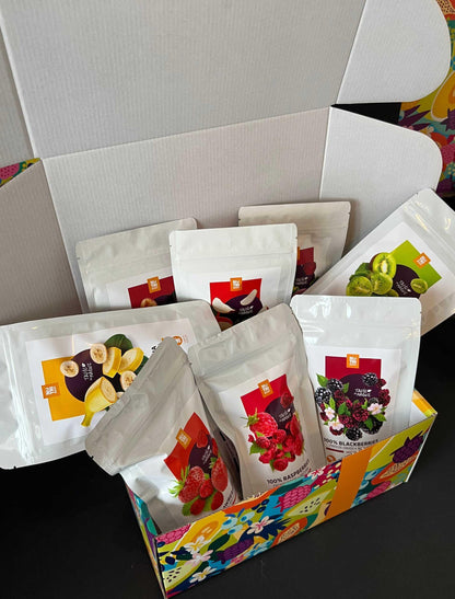 Colorful box of freeze-dried fruit snacks with strawberry, raspberry, banana, and kiwi packs