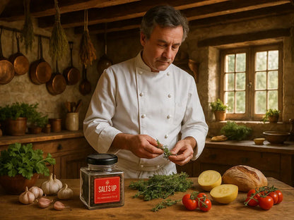 French chef prepping fresh herbs in rustic farmhouse kitchen with tomatoes, bread, and garlic.