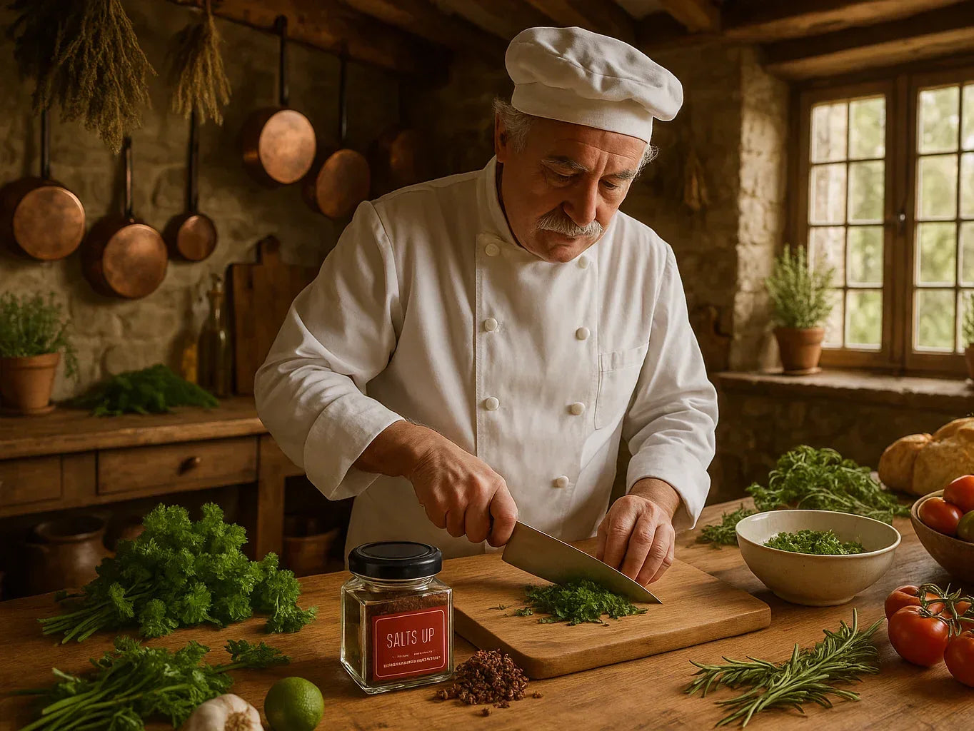 French chef chopping fresh herbs with Andaliman spice jar on rustic kitchen table