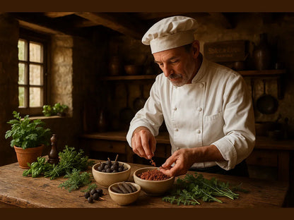 French chef preparing gourmet dish with assorted exotic spices and fresh herbs in rustic kitchen