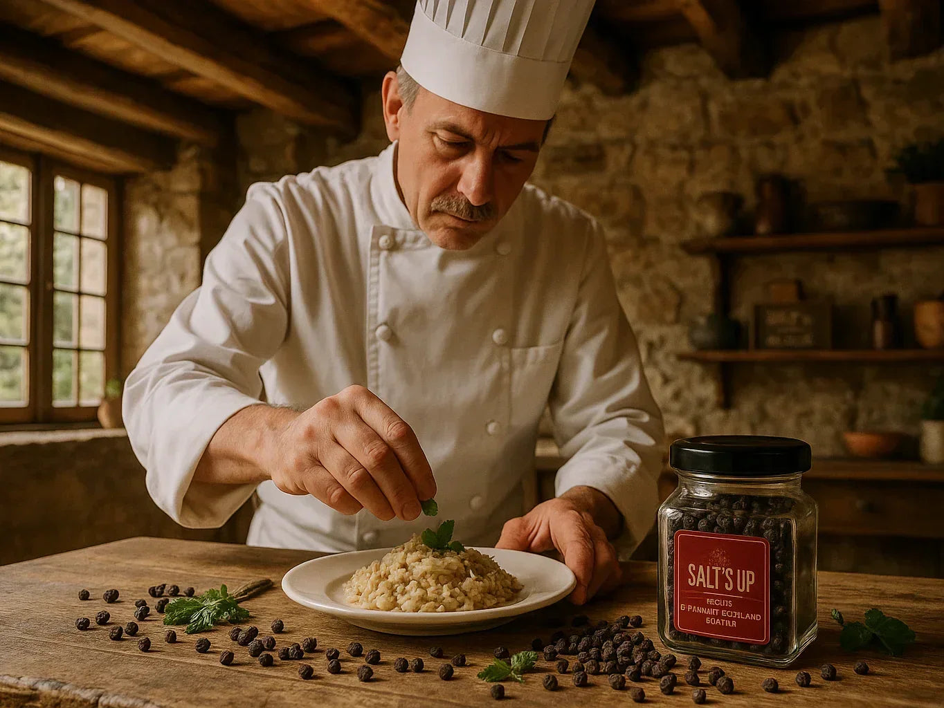 French chef garnishing risotto with fresh herbs beside a jar of premium black peppercorns