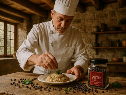 French chef garnishing risotto with fresh herbs beside a jar of premium black peppercorns