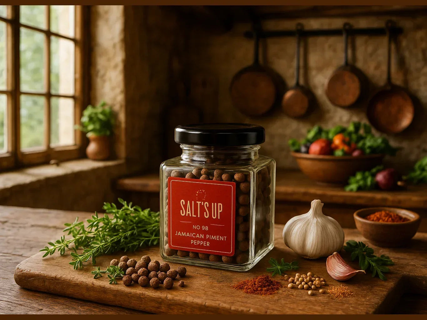 French farmhouse kitchen with herbs, garlic, spices, and a jar of Jamaican piment pepper.