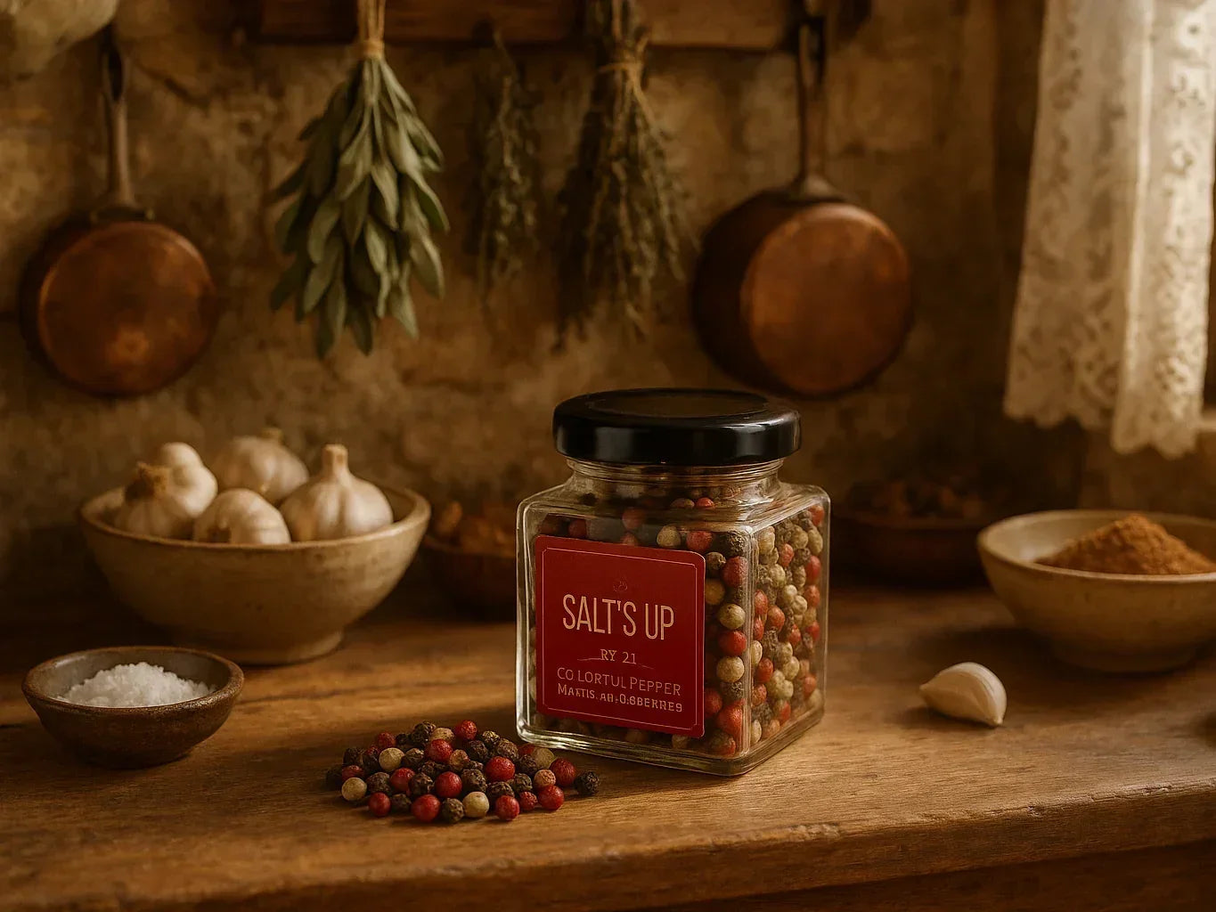 French farmhouse kitchen with a jar of mixed whole peppercorns, garlic, salt, and herbs