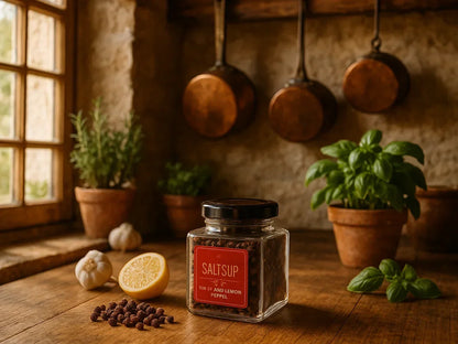 Rustic French kitchen scene with jar of pepper, basil, garlic, lemon, and copper pots