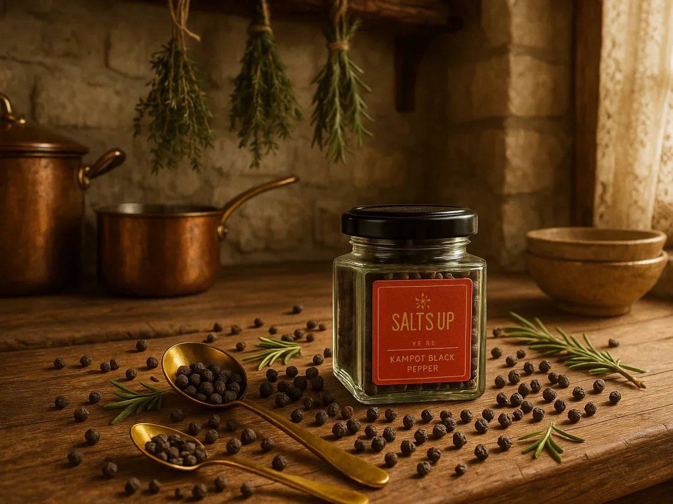 Kampot black pepper jar on rustic wooden table with whole peppercorns and herbs in farmhouse kitchen