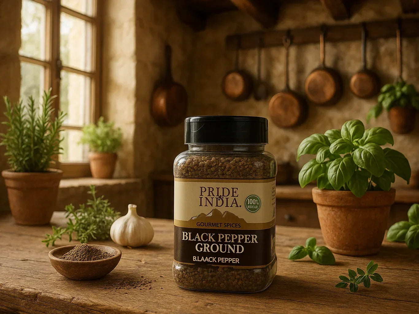 Ground black pepper jar on rustic French farmhouse kitchen table with herbs and garlic