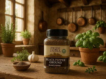 Ground black pepper jar on rustic French farmhouse kitchen table with herbs and garlic
